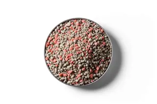 15% Potash Sulphur Super fertiliser granules in a round dish