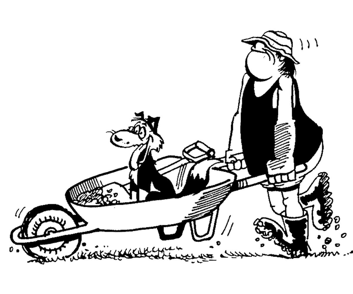 Wal Pushing A Wheelburrow And Dog Riding Inside