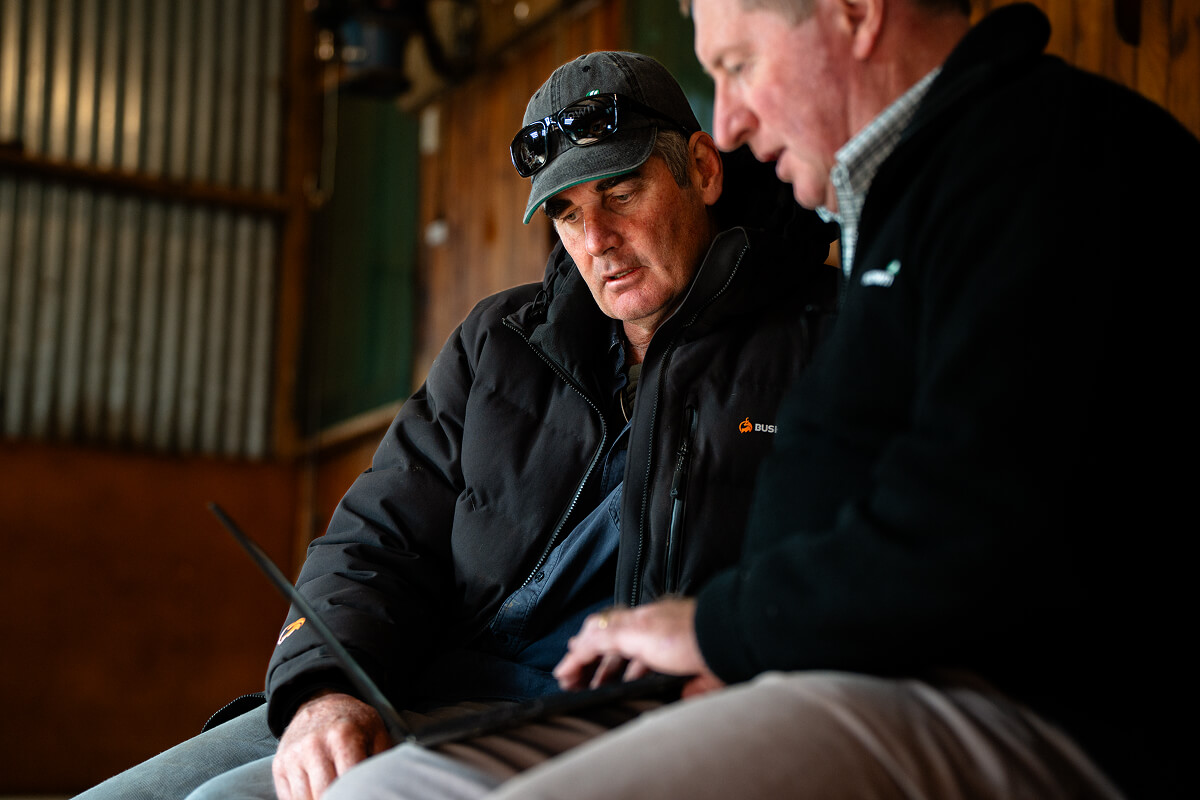 Farmer and Ravensdown Agri Manager reviewing a farm plan on a laptop